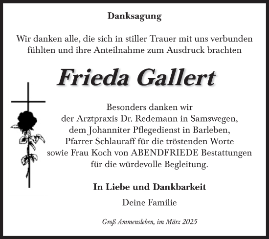 Traueranzeige von Frieda Gallert von Volksstimme Haldensleben/Wolmirstedt
