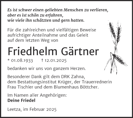 Traueranzeige von Friedhelm Gärtner von Trauerkombi Wittenberg