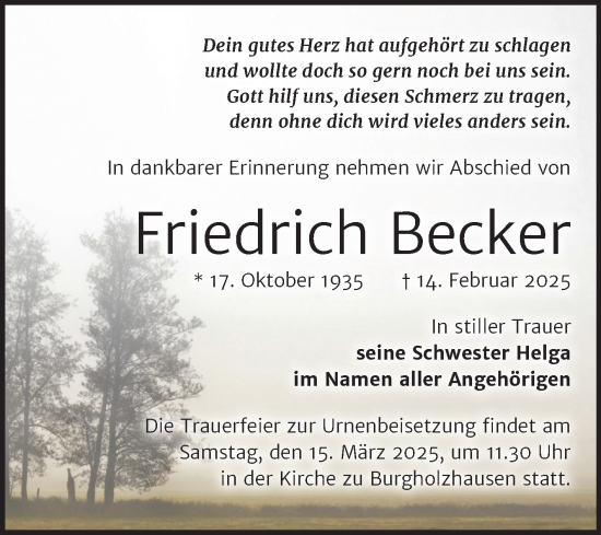Traueranzeige von Friedrich Becker von Super Sonntag Naumburg/Nebra