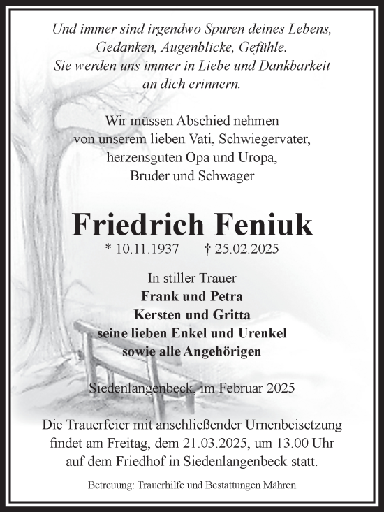 Traueranzeige von Friedrich Feniuk von Volksstimme Altmark West