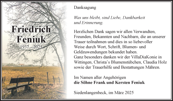 Traueranzeige von Friedrich Feniuk von Volksstimme Altmark West