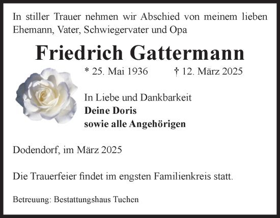 Traueranzeige von Friedrich Gattermann von Volksstimme Oschersleben/Wanzleben