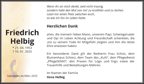Traueranzeige von Friedrich Helbig von Volksstimme Altmark West