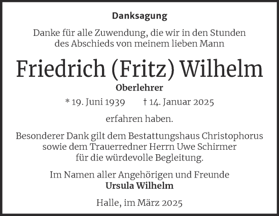 Traueranzeige von Friedrich Wilhelm von Mitteldeutsche Zeitung Halle/Saalkreis