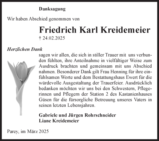 Traueranzeige von Friedrich Karl Kreidemeier von Volksstimme Burg/Genthin