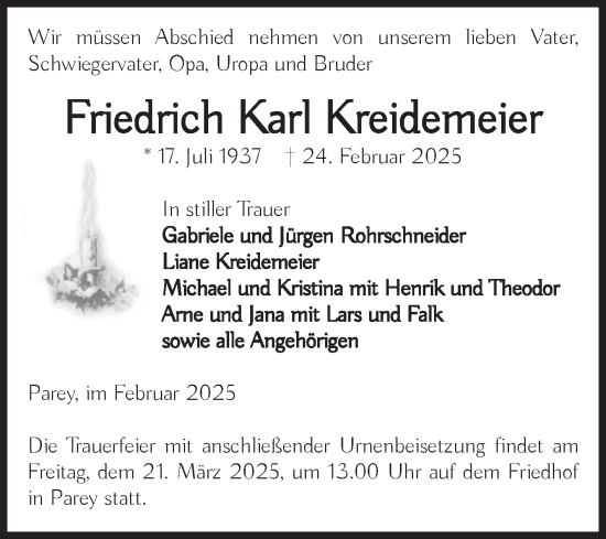 Traueranzeige von Friedrich Karl Kreidemeier von Volksstimme Burg/Genthin