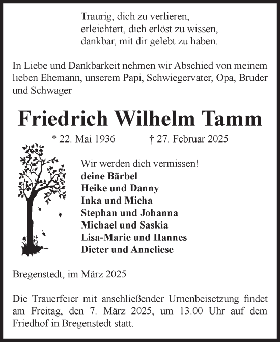 Traueranzeige von Friedrich Wilhelm Tamm von Volksstimme Haldensleben/Wolmirstedt