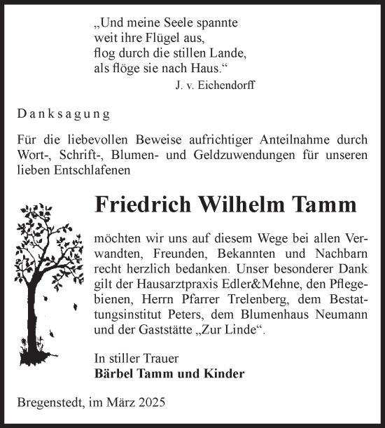 Traueranzeige von Friedrich Wilhelm Tamm von Volksstimme Haldensleben/Wolmirstedt