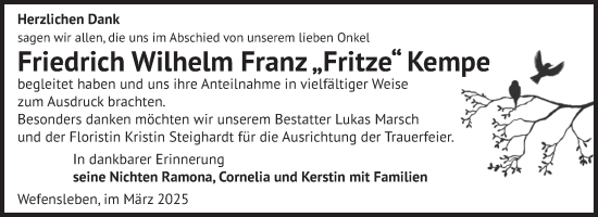 Traueranzeige von Friedrich Wilhelm Franz Kempe von Volksstimme Oschersleben/Wanzleben