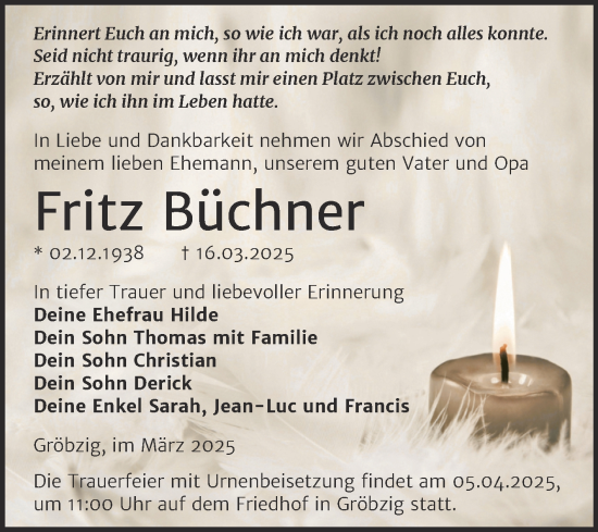 Traueranzeige von Fritz Büchner von Trauerkombi Köthen