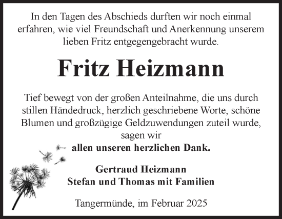 Traueranzeige von Fritz Heizmann von Volksstimme Altmark Ost