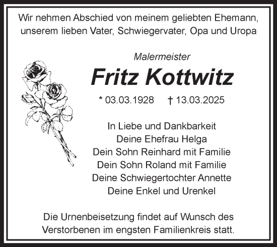 Traueranzeige von Fritz Kottwitz von Volksstimme Magdeburg