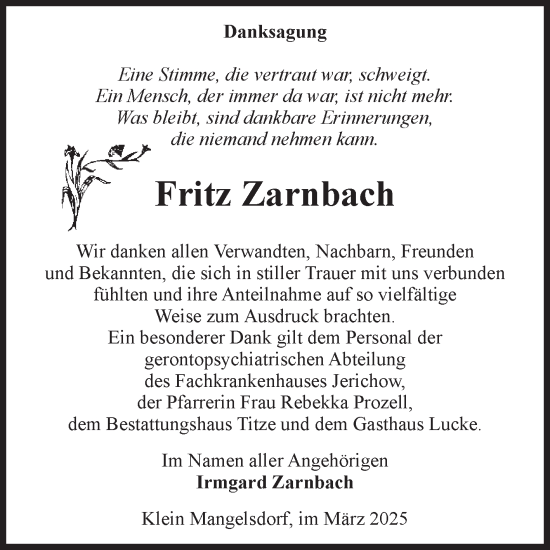 Traueranzeige von Fritz Zarnbach von Volksstimme Altmark Ost