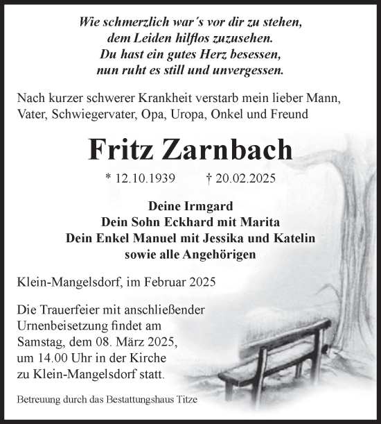 Traueranzeige von Fritz Zarnbach von Volksstimme Altmark Ost