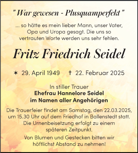 Traueranzeige von Fritz Friedrich Seidel von Trauerkombi Quedlinburg