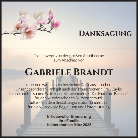 Traueranzeige von Gabriele Brandt von Volksstimme Halberstadt