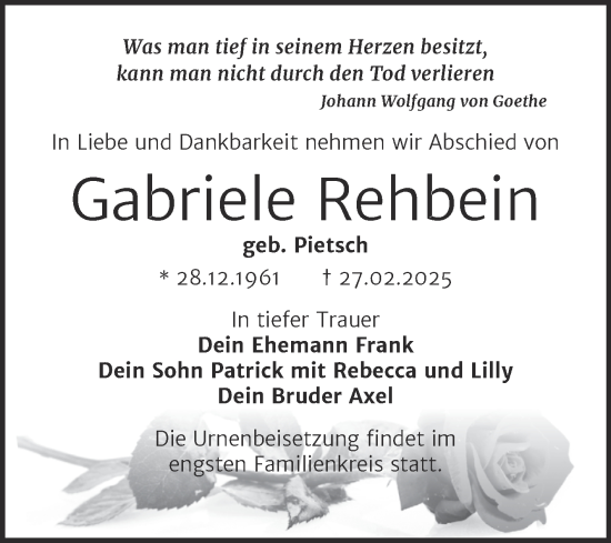 Traueranzeige von Gabriele Rehbein von Trauerkombi Mansfelder Land
