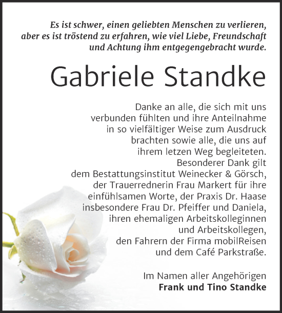 Traueranzeige von Gabriele Standke von Trauerkombi Bernburg