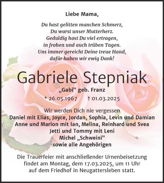 Traueranzeige von Gabriele Stepniak von Trauerkombi Bernburg