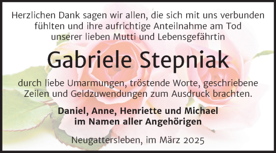Traueranzeige von Gabriele Stepniak von Trauerkombi Bernburg