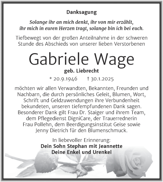 Traueranzeige von Gabriele Wage von Trauerkombi Köthen