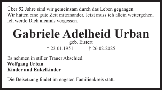 Traueranzeige von Gabriele Adelheid Urban von Volksstimme Magdeburg