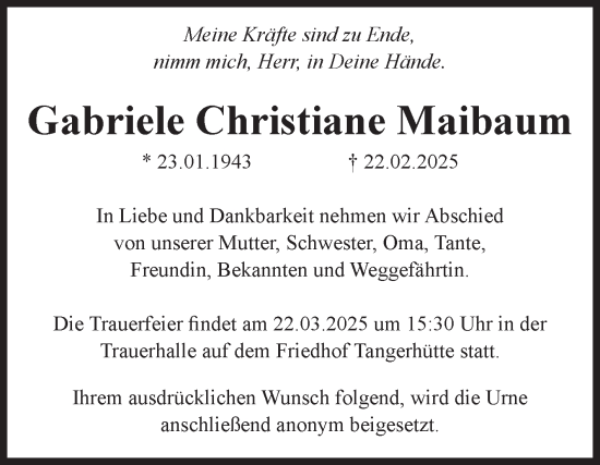 Traueranzeige von Gabriele Christiane Maibaum von Volksstimme Altmark Ost