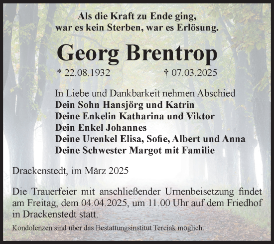 Traueranzeige von Georg Brentrop von Volksstimme Oschersleben/Wanzleben