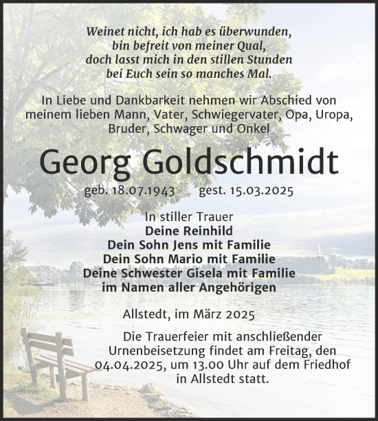 Traueranzeige von Georg Goldschmidt von Trauerkombi Sangerhausen