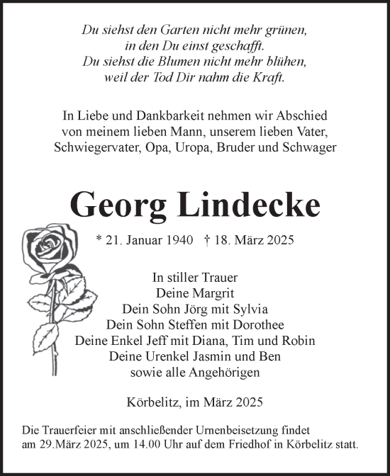 Traueranzeige von Georg Lindecke von Volksstimme Burg/Genthin