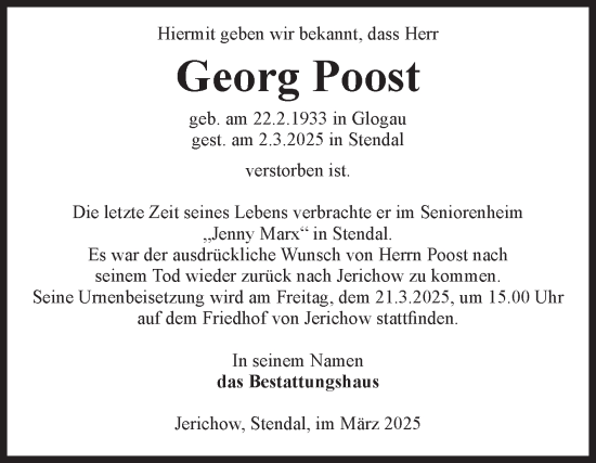 Traueranzeige von Georg Poost von Volksstimme Burg/Genthin