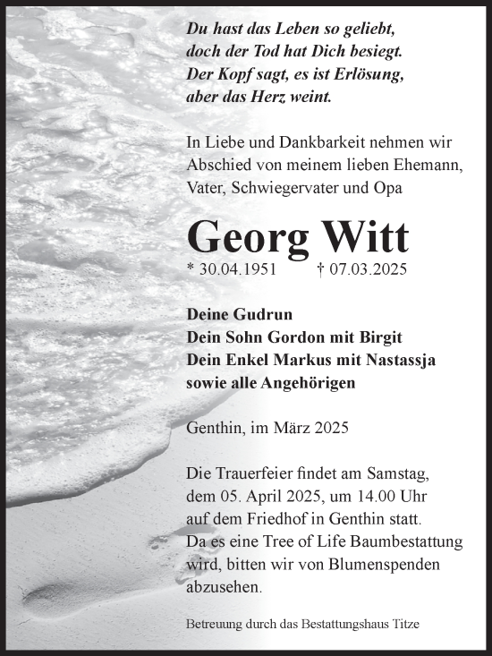 Traueranzeige von Georg Witt von Volksstimme Burg/Genthin
