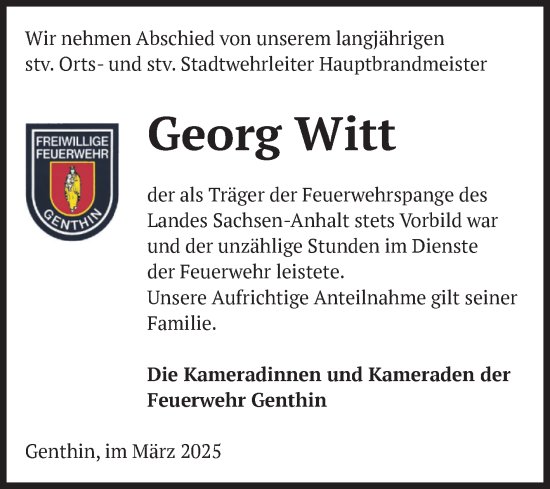 Traueranzeige von Georg Witt von Volksstimme Burg/Genthin