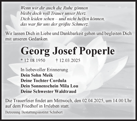 Traueranzeige von Georg Josef Poperle von Volksstimme Haldensleben/Wolmirstedt