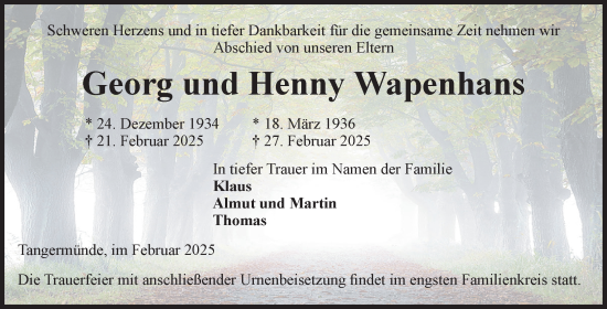 Traueranzeige von Georg und Henny Wapenhans von Volksstimme Altmark Ost