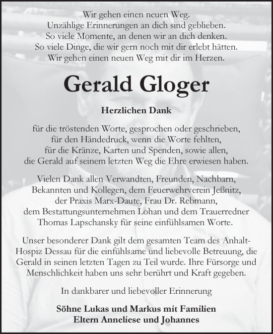 Traueranzeige von Gerald Gloger von Trauerkombi Bitterfeld