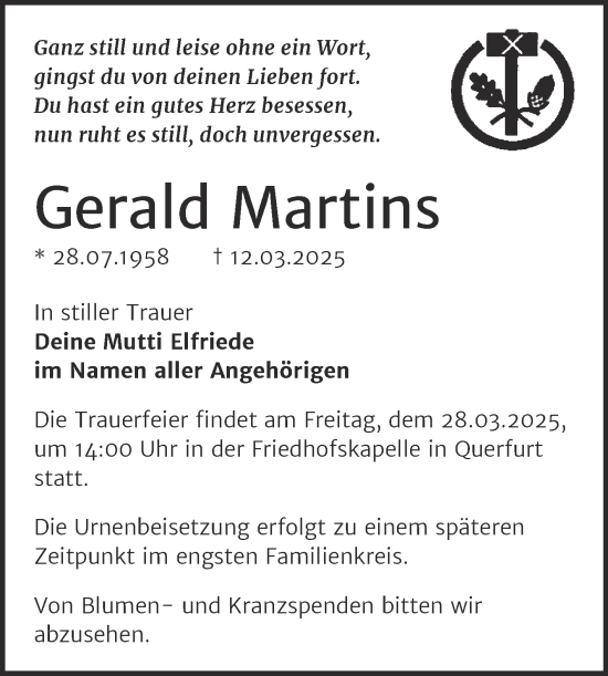 Traueranzeige von Gerald Martins von Trauerkombi Merseburg
