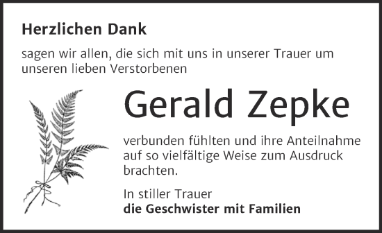 Traueranzeige von Gerald Zepke von Trauerkombi Bernburg