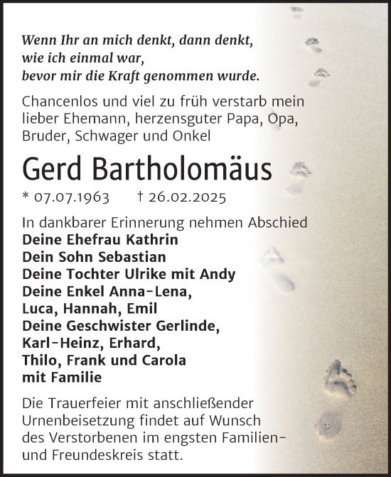 Traueranzeige von Gerd Bartholomäus von Trauerkombi Bitterfeld
