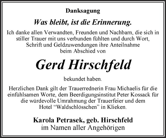 Traueranzeige von Gerd Hirschfeld 