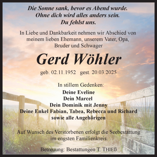 Traueranzeige von Gerd Wöhler von Volksstimme Wernigerode