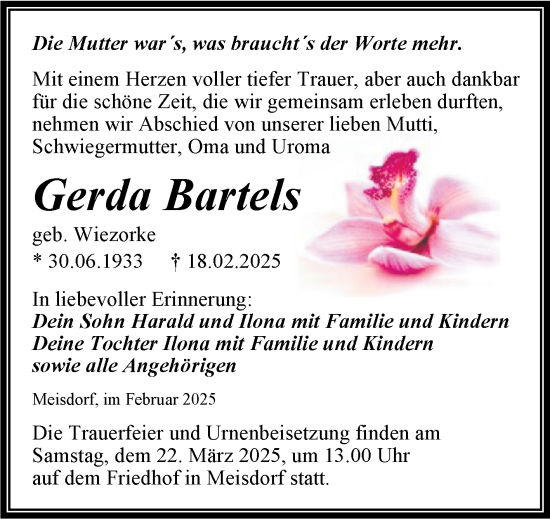 Traueranzeige von Gerda Bartels von Trauerkombi Quedlinburg