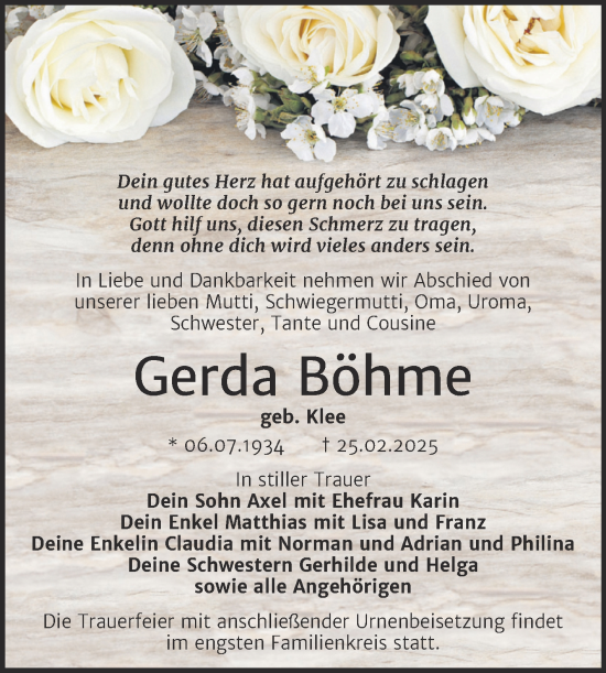 Traueranzeige von Gerda Böhme von Trauerkombi Mansfelder Land