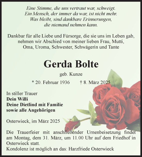 Traueranzeige von Gerda Bolte von Volksstimme Halberstadt