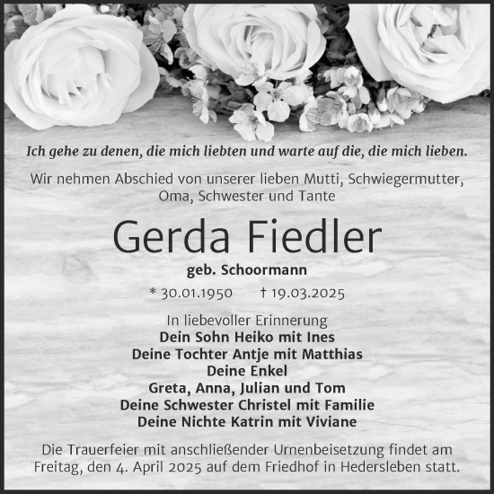 Traueranzeige von Gerda Fiedler von Trauerkombi Quedlinburg