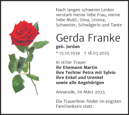 Traueranzeige von Gerda Franke von Trauerkombi Mansfelder Land