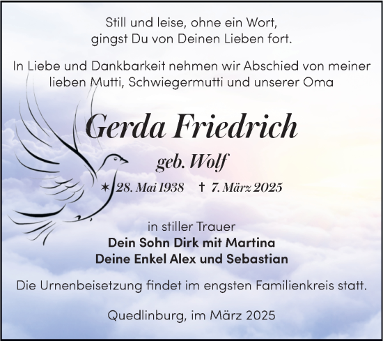 Traueranzeige von Gerda Friedrich von Trauerkombi Quedlinburg