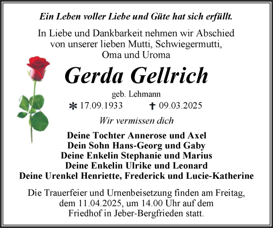Traueranzeige von Gerda Gellrich von Trauerkombi Wittenberg