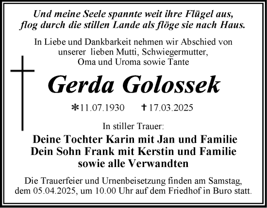 Traueranzeige von Gerda Golossek von Trauerkombi Wittenberg