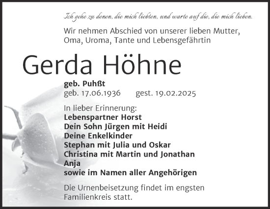 Traueranzeige von Gerda Höhne von Trauerkombi Bitterfeld